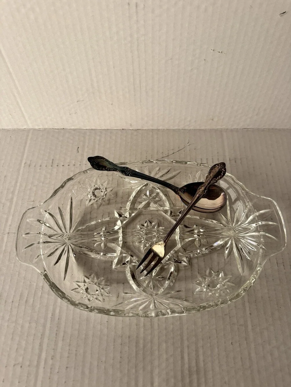 Vintage Clear Pressed Glass Divided Relish Dish Starburst Oval Serving Tray